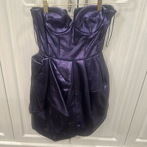 Metallic dark blue strapless (can also be worn spaghetti strap) dress.
